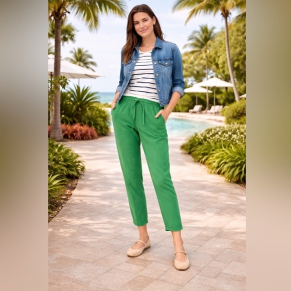 J. Crew Factory Pants - J.Crew Linen Cotton Blend Drawstring Pants Green Straight Leg Cuffed Hem Sz 10
